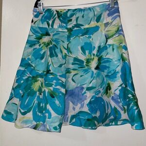 SLB Petite Floral A-Line Skirt Blue Green White Midi‎ Women's Size 4P 100% Linen